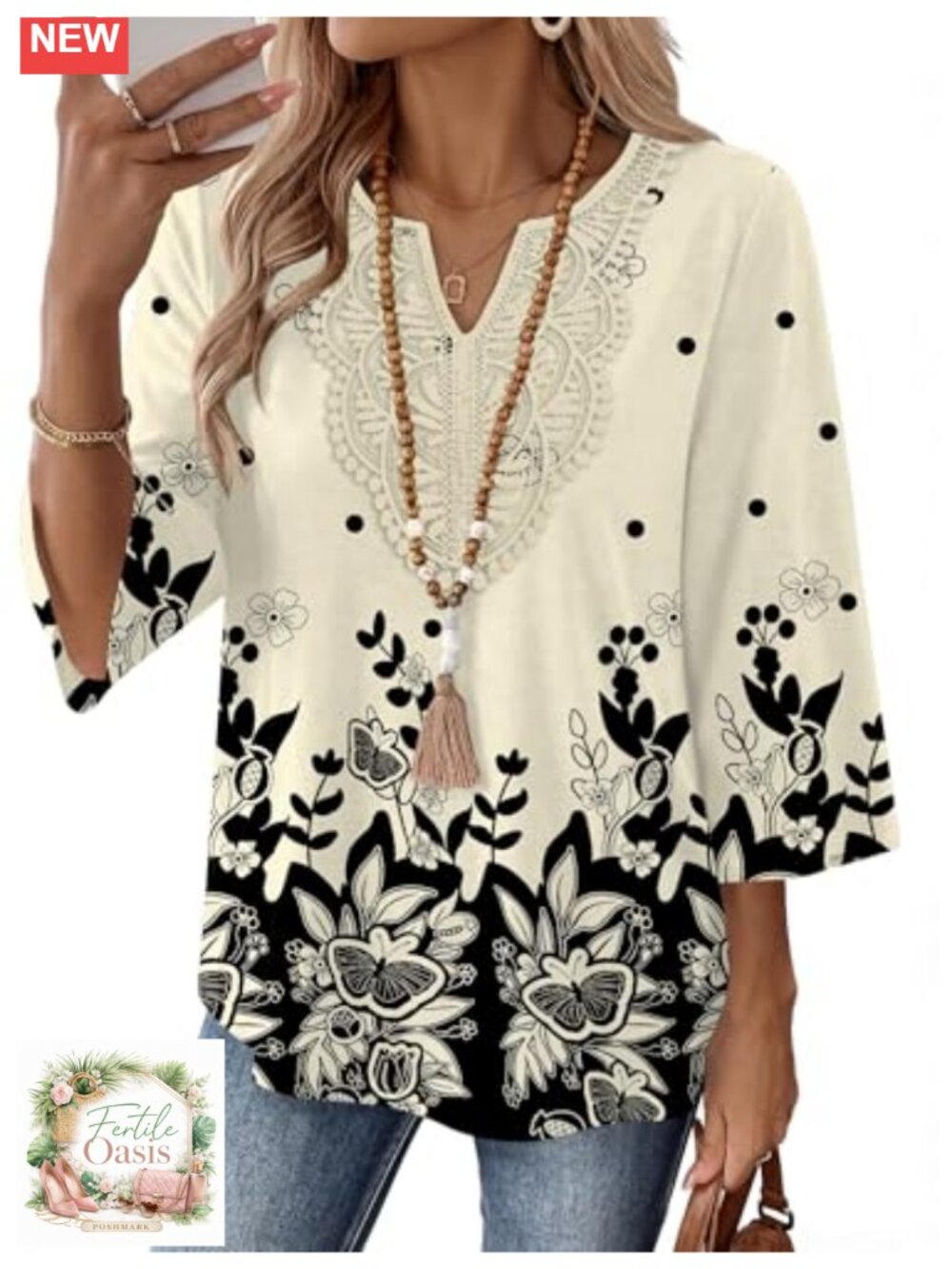 3/4 Sleeve V-Neck Boho Lace Blouse for Casual Wear Lightweight Stretchable